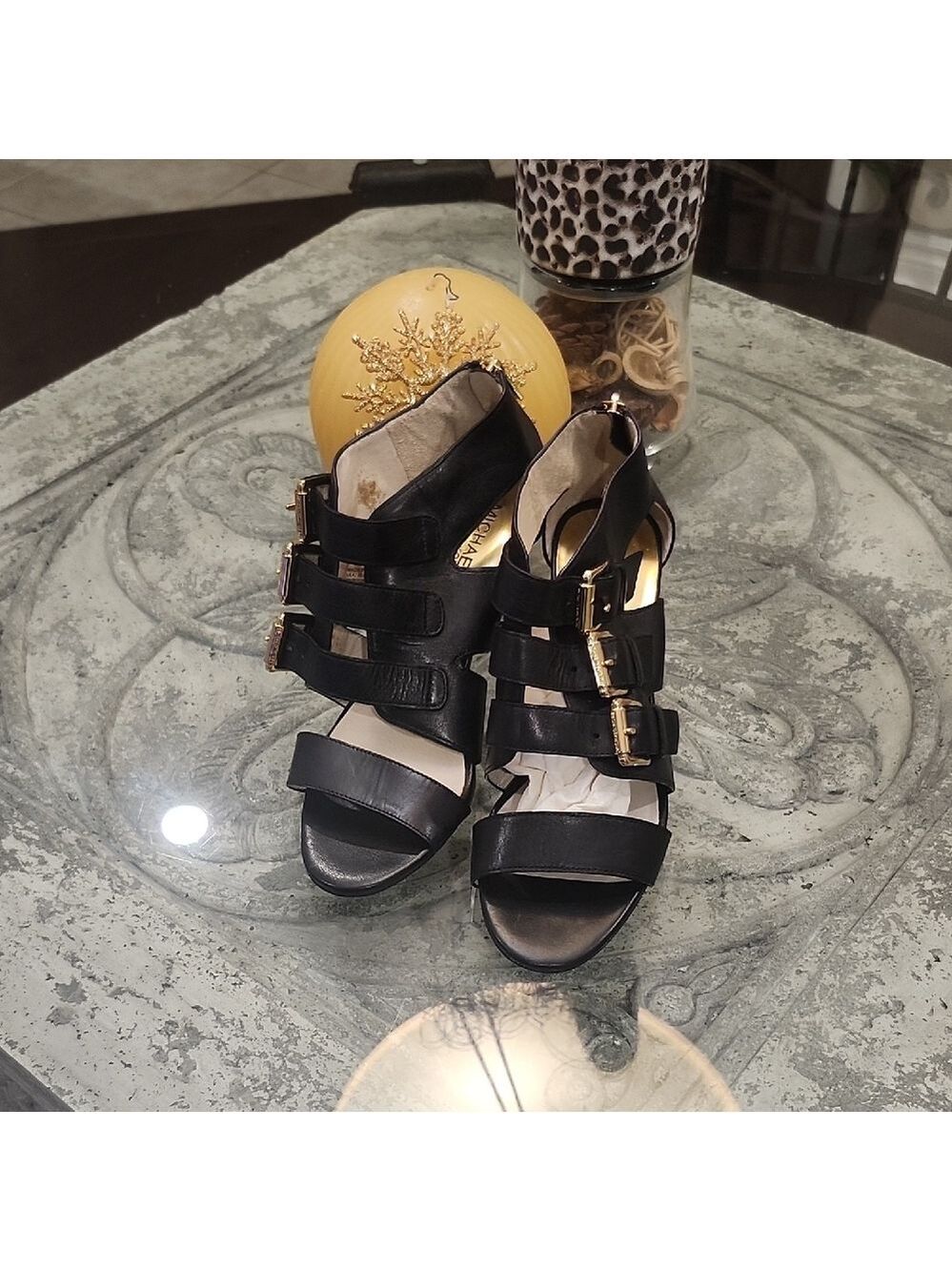 Michael KORS Black Leather Strappy Women's Open Toe Back Zip Sandals Heels 7m